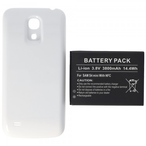 Batteri passer til Samsung Galaxy S4 Mini, Li-ion, 3.8V, 3800mAh, 14.4Wh, med NFC, med cover, hvid