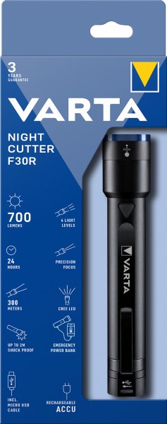 Varta LED-lygte Night Cutter F30R 700lm, inkl. 1x micro USB-kabel, detailblister