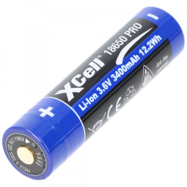 XCell Pro 18650 Li-Ion batteribeskyttet Li-Ion batteri, med USB-C ladestik, min. 3250mAh maks. 3400mAh, 3,6 volt, 71,1mm x 18,8mm