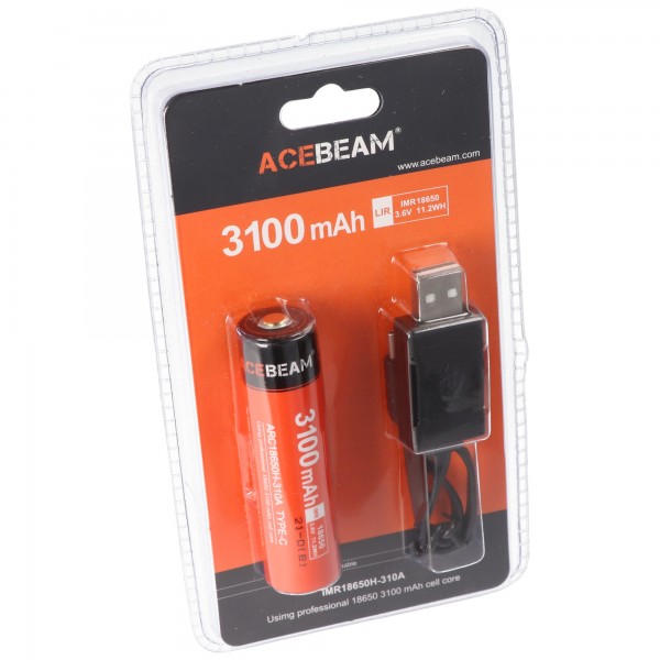 AceBeam 18650 Li-Ion batteri med USB-C opladningsport, ARC18650H-310A, 3,7V, 3100mAh
