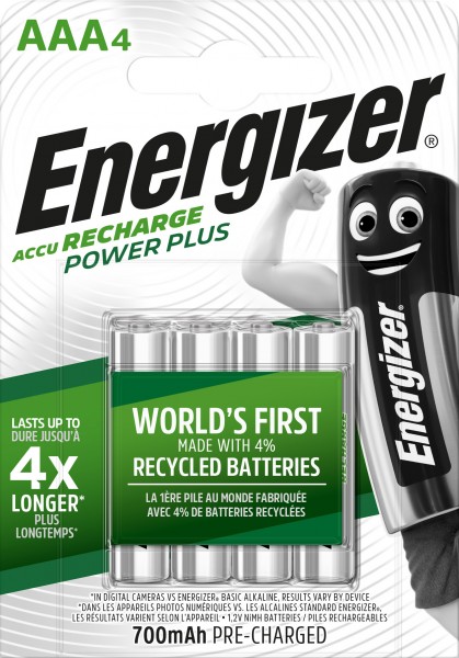 Energizer Batteri NiMH, Micro, AAA, HR03, 1,2V/700mAh Power Plus, Foropladet, Retail Blister (4-Pack)