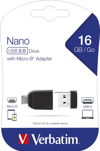 Verbatim USB 2.0 OTG Stick 16GB, Micro-B Adapter, Nano (R) 12MB/s, (W) 5MB/s, detailblister