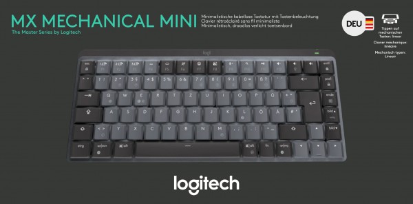 Logitech Keyboard MX Mechanical Mini, Trådløs, Bolt, Bluetooth Oplyst, Lineær,, Batteri, DE, Grafit, Detail