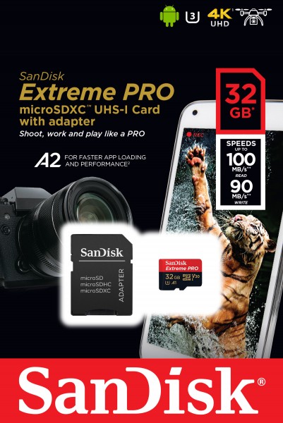 Sandisk microSDXC-kort 32GB, Extreme PRO, U3, A1, 4K UHD (R) 100MB/s, (W) 90MB/s, SD-adapter, detailblister