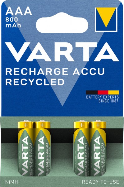Varta batteri NiMH, Micro, AAA, HR03, 1,2V/800mAh Accu Genbrugt, Foropladet, Detailblister (4-pak)