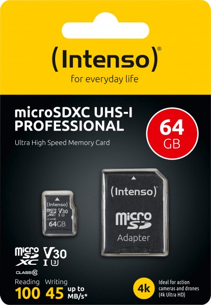 Intenso microSDXC-kort 64GB, Professional, Class 10, U1 (R) 100MB/s, (W) 45MB/s, SD-adapter, detailblister