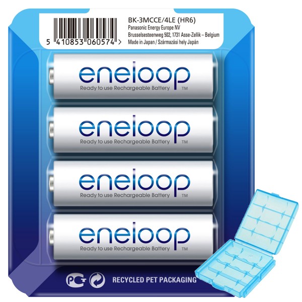 De nye eneloop Mignon AA NiMH batterier i den nye opbevaringsboks og AccuCell boksen blå