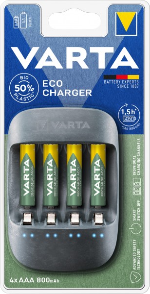 Varta batteri NiMH, universal oplader, Eco Charger inkl. batterier, 4x Micro, AAA, 800mAh