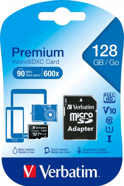 Verbatim microSDXC-kort 128GB, Premium, Klasse 10, U1 (R) 90MB/s, (W) 10MB/s, SD-adapter, detailblister