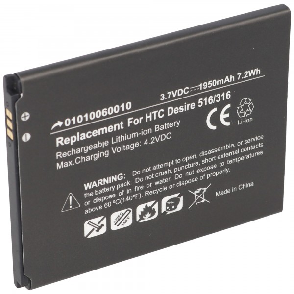 Batteri passer til HTC Desire 516, 316, Li-ion, 3.7V, 1950mAh, 7.2Wh