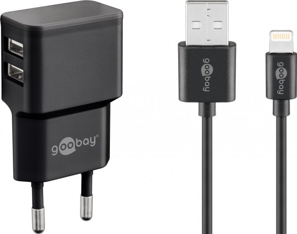 Goobay Apple Lightning dobbelt opladningssæt 2,4 A - strømforsyningsenhed med 2x USB-stik og Apple Lightning-kabel 1m (sort)