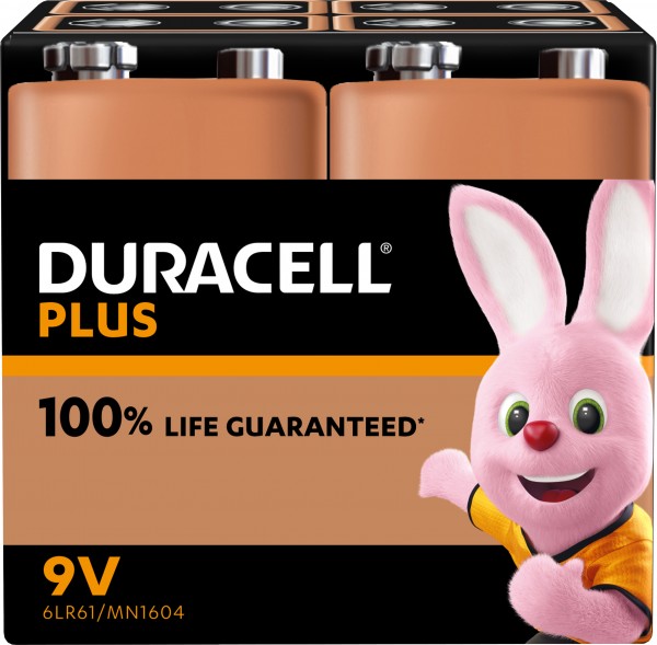 Duracell alkalisk batteri, E-blok, 6LR61, 9V Plus, ekstra levetid, detailblister (4-pak)