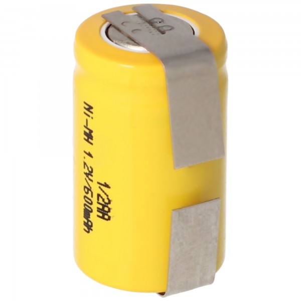 1 / 2AA batteri med 1,2 Volt spænding og 600mAh kapacitet med loddekoder U-form, 25,5 x 14,5 mm