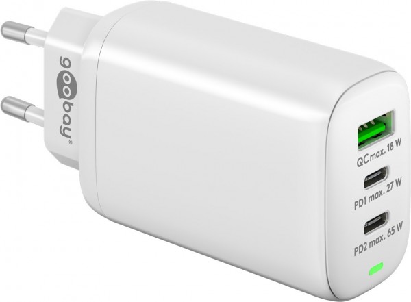 Goobay USB-C™ PD tredobbelt multiport hurtigoplader (65 W) hvid - opladningsadapter med 2x USB-C™-porte (strømforsyning) og 1x USB-A-port (Quick Charge 3.0)
