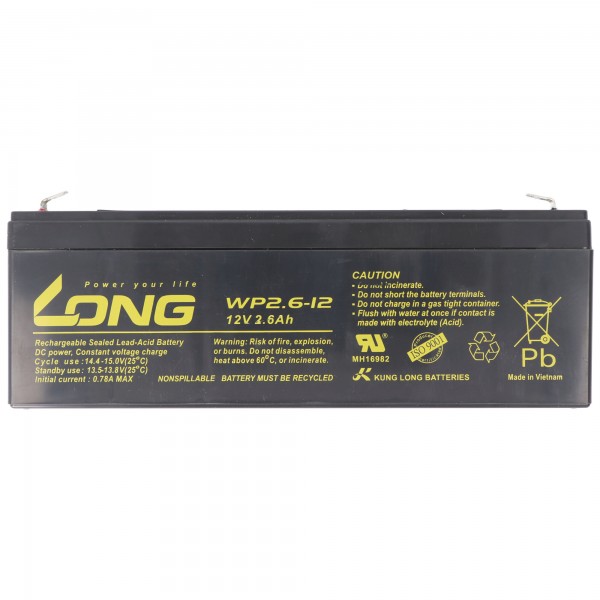 Kung Long WP2.6-12 F1 bly fleece batteri, 12V, 2.6Ah med 4.8mm Faston forbindelse