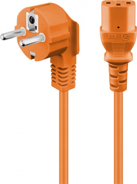 IEC -tilslutningskabel, vinklet, 5 m, orange beskyttelseskontaktstik (type F, CEE 7/7)> enhedsstik C13 (IEC -stik)