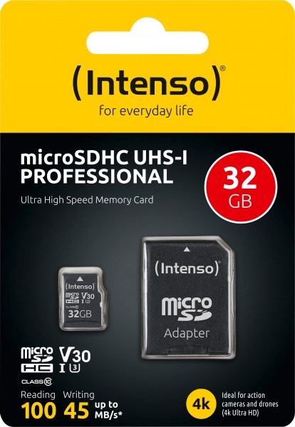 Intenso microSDHC-kort 32GB, Professional, Class 10, U1 (R) 100MB/s, (W) 45MB/s, SD-adapter, detailblister