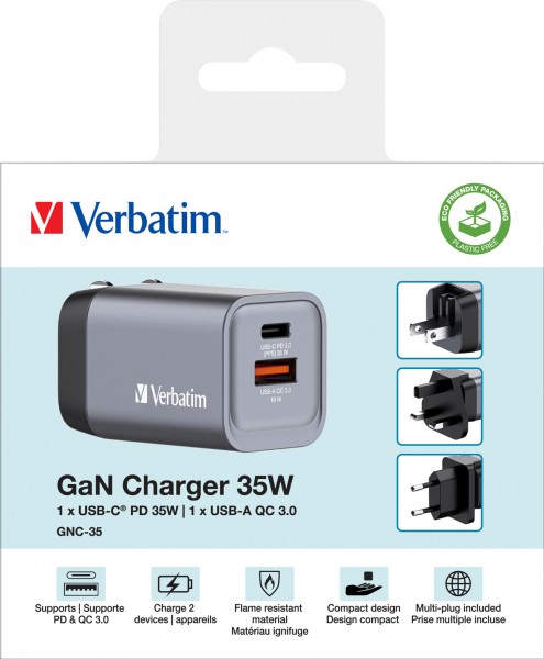 Verbatim opladningsadapter, universal, GNC-35, GaN, 35W, grå 1x USB-A QC, 1x USB-C PD, detailhandel
