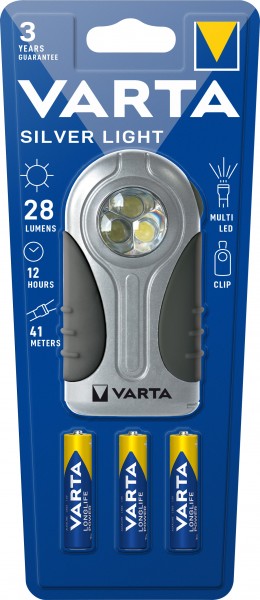 Varta LED-lommelygte Silver Light, 28lm, inkl. 3x alkaliske AAA-batterier, blisterpakning