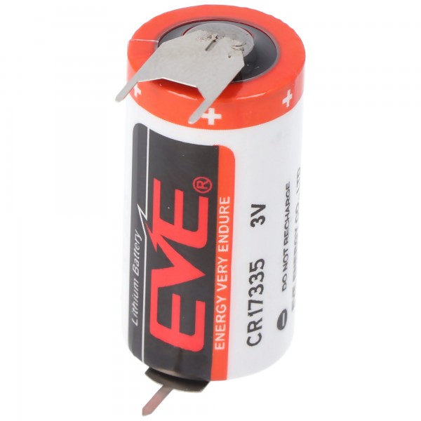 EVE CR17335 batteristørrelse 2 / 3A med 3 volt spænding og 1550 mAh kapacitet, dimensioner 33,5 x 17 mm, med printkontakter ++ / - 7,6 mm deling