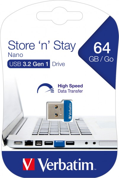 Verbatim USB 3.2 Stick 64GB, Nano Store'n'Stay Type-A, (R) 80MB/s, (W) 25MB/s, detailblister