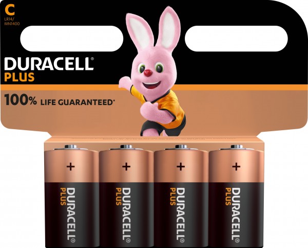 Duracell batteri alkalisk, baby, C, LR14, 1,5V Plus, ekstra levetid, detailblister (4-pak)