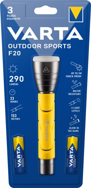Varta LED lommelygte Outdoor Sports, F20 235lm, inkl. 2x alkaliske AA batterier, detail blisterpakning