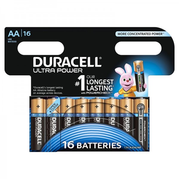 Duracell Ultra Power AA MX1500, LR06 BPH16 Alkalisk Batteri med Powercheck, genlukkes
