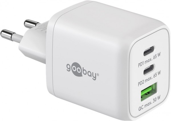 Goobay USB-C™ PD multiport hurtigoplader Nano (65 W) hvid - 2x USB-C™-porte (strømforsyning) og 1x USB-A-port (Quick Charge 3.0) - hvid
