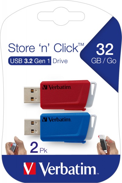 Verbatim USB 3.2 Stick 32GB, Store'n'Click, rød-blå Type-A, (R) 80MB/s, (W) 25MB/s, detailblisterpakning (3-pak)