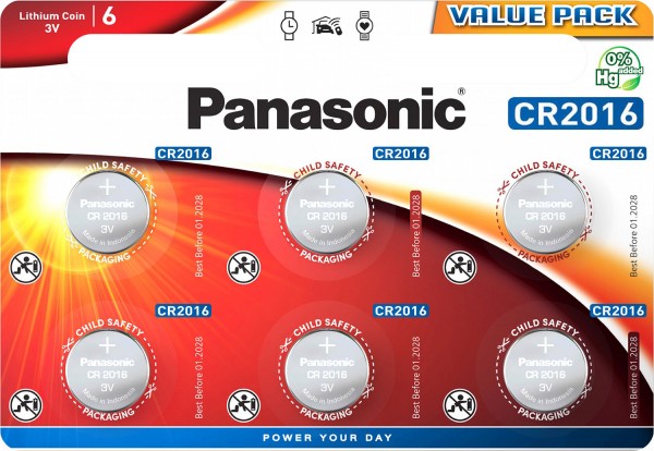 Panasonic batteri lithium, knapcelle, CR2016, 3V elektronik, lithium strøm, detailblister (6-pack)