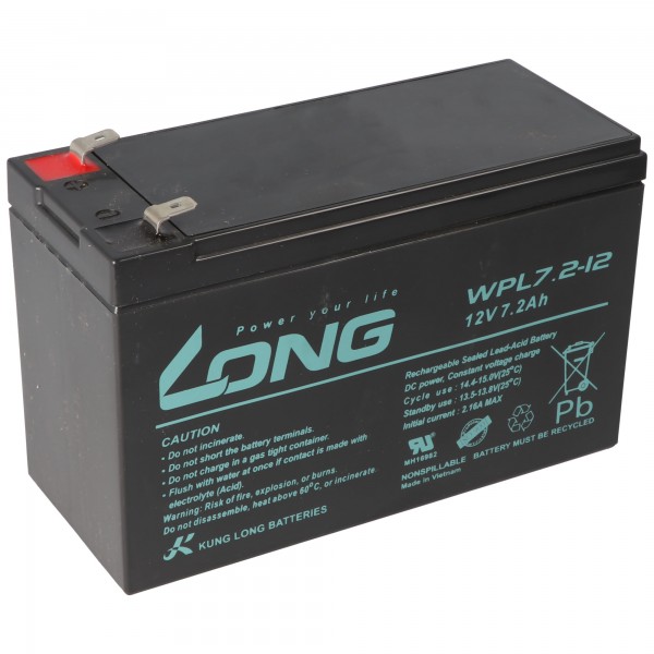 Kung Long WP7.2-12 F1 Longlife bly-fleece batteri, 12V, 7.2Ah med 4.8mm Faston-forbindelse
