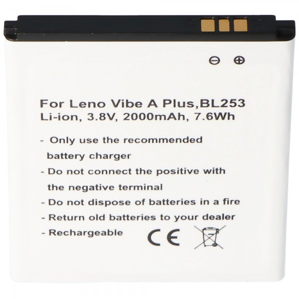 Batteri passer til Lenovo Vibe A Plus, BL253, Li-ion, 3.8V, 2000mAh, 7.6Wh