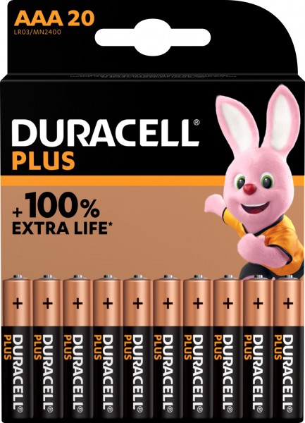 Duracell batteri alkalisk, mikro, AAA, LR03, 1,5V Plus, ekstra levetid, detailblister (20-pak)