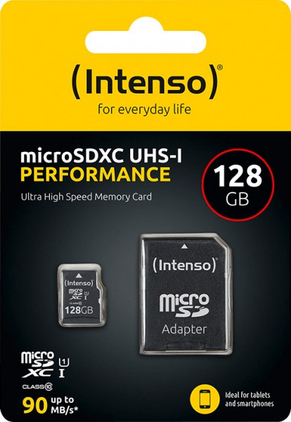 Intenso microSDXC-kort 128 GB, ydeevne, klasse 10, U1 (R) 90 MB/s, (W) 10 MB/s, SD-adapter, detailblister