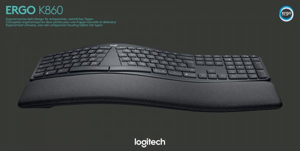 Logitech Keyboard K860, Wireless, Unifying, Bluetooth, Black Ergo, DE, Detail