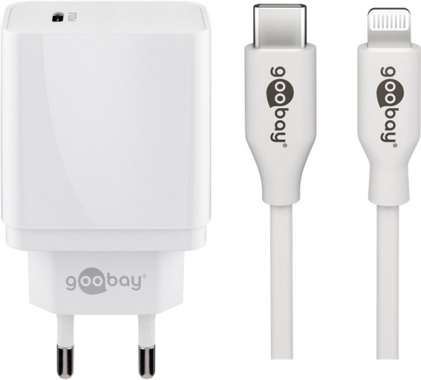 Goobay Lightning/USB-C™ PD opladningssæt (25 W) - USB-C™ strømadapter 25 W inklusive USB-C™ til Lightning-kabel til f.eks. iPhone 12