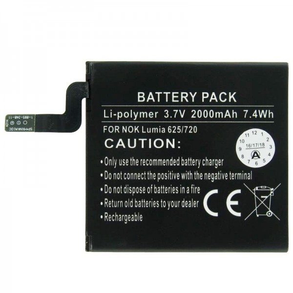 Batteri passer til Nokia Lumia 625, Lumia 720, Nokia BP-4GWA 3.7 Volt 2000mAh