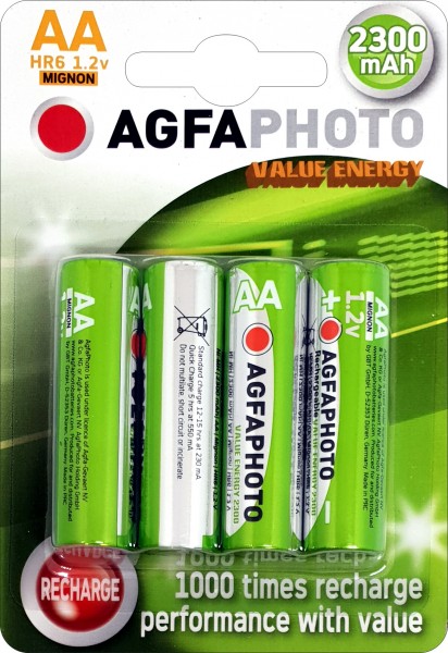 Agfaphoto-batteri NiMH, Mignon, AA, HR06, 1,2V/2300mAh værdienergi, detailblister (4-pak)