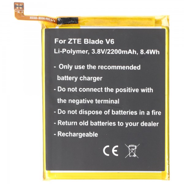 Batteri passer til ZTE Blade V6, Li-Polymer, 3.8V, 2200mAh, 8.4Wh, indbygget, uden værktøj