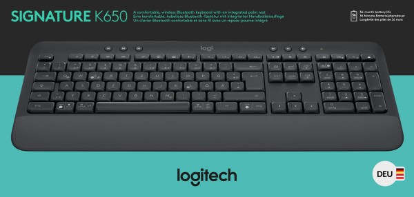 Logitech Keyboard K650, Wireless, Bolt, Bluetooth, graphite Signature, DE, Detail