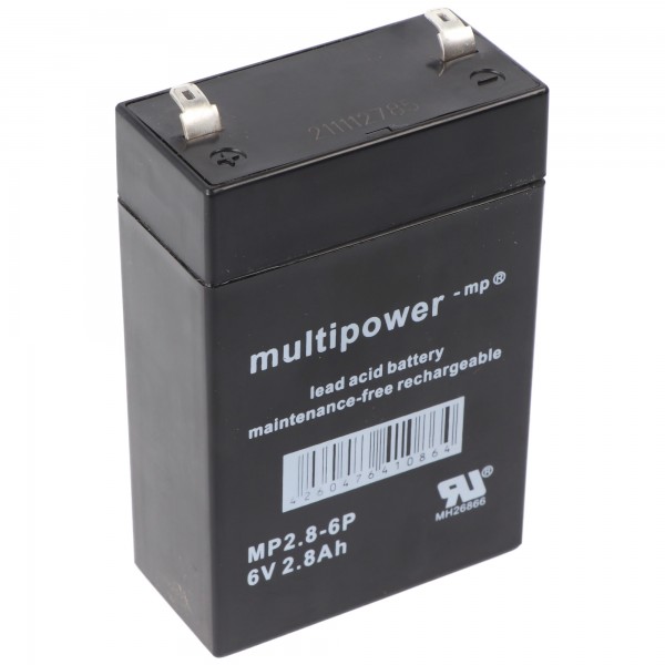 Multipower MP2.8-6 batteri PB ledning, 6V 2800mAh, tilslutning 4.8mm, MP2.8-6P