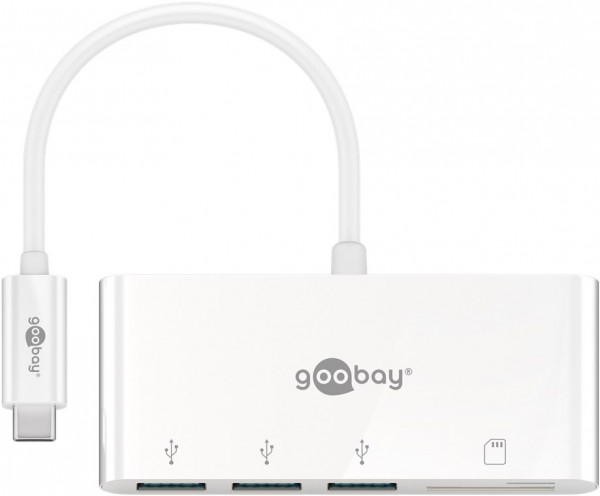 Goobay USB-C™ Multiport Adapter CardReader - udvider en USB-C™-enhed med tre USB 3.0-porte og en kortplads til SD/MMC og Micro SD-kort