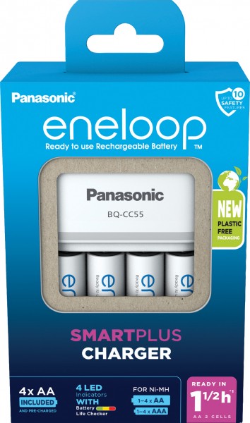 Panasonic genopladeligt batteri NiMH, universal oplader BQ CC55, AA/AAA eneloop, inkl. genopladelige batterier, 4x Mignon 2000mAh, detailhandel