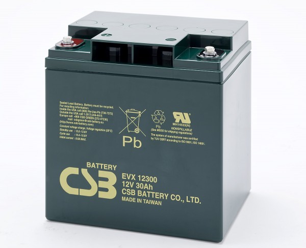 CSB-EVX12300 12 Volt AGM blybatteri 30Ah, 166x125x175mm M5 indvendig gevind Cycle-proof + standby