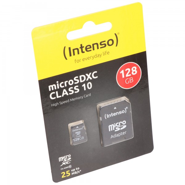 Intenso microSDXC-kort 128 GB, klasse 10 (R) 25 MB/s, (W) 10 MB/s, SD-adapter, blisterpakning