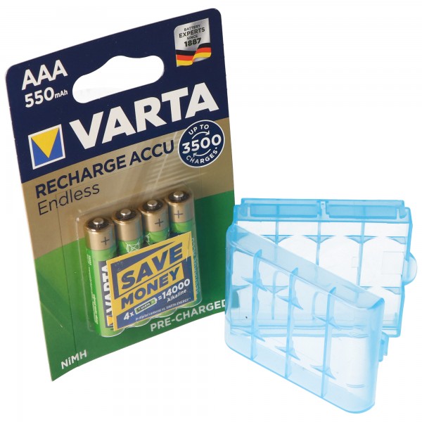 Varta Recharge Accu Endless 56663101404 AAA LR03 genopladeligt batteri 4er Blister 1.2 Volt 550mAh genopladeligt op til 3500x, inklusive gratis AccuCell batteriboks