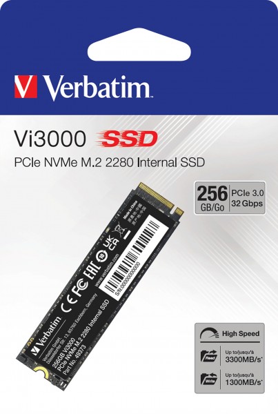 Verbatim SSD 256GB, PCIe 3.0, M.2 2280, NVMe, Vi3000 (R) 3300MB/s, (W) 1300MB/s, Detailhandel