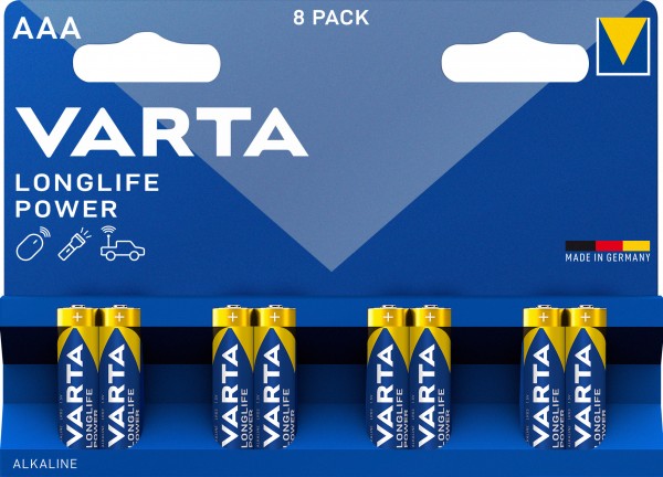 Varta batteri Alkaline, Micro, AAA, LR03, 1,5V Longlife Power, Retail Blister (8-Pack)