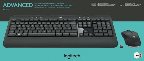 Logitech Tastatur/Musesæt MK540, Wireless, Unifying, Black Advanced, DE, Optisk, 1000 dpi, Detail